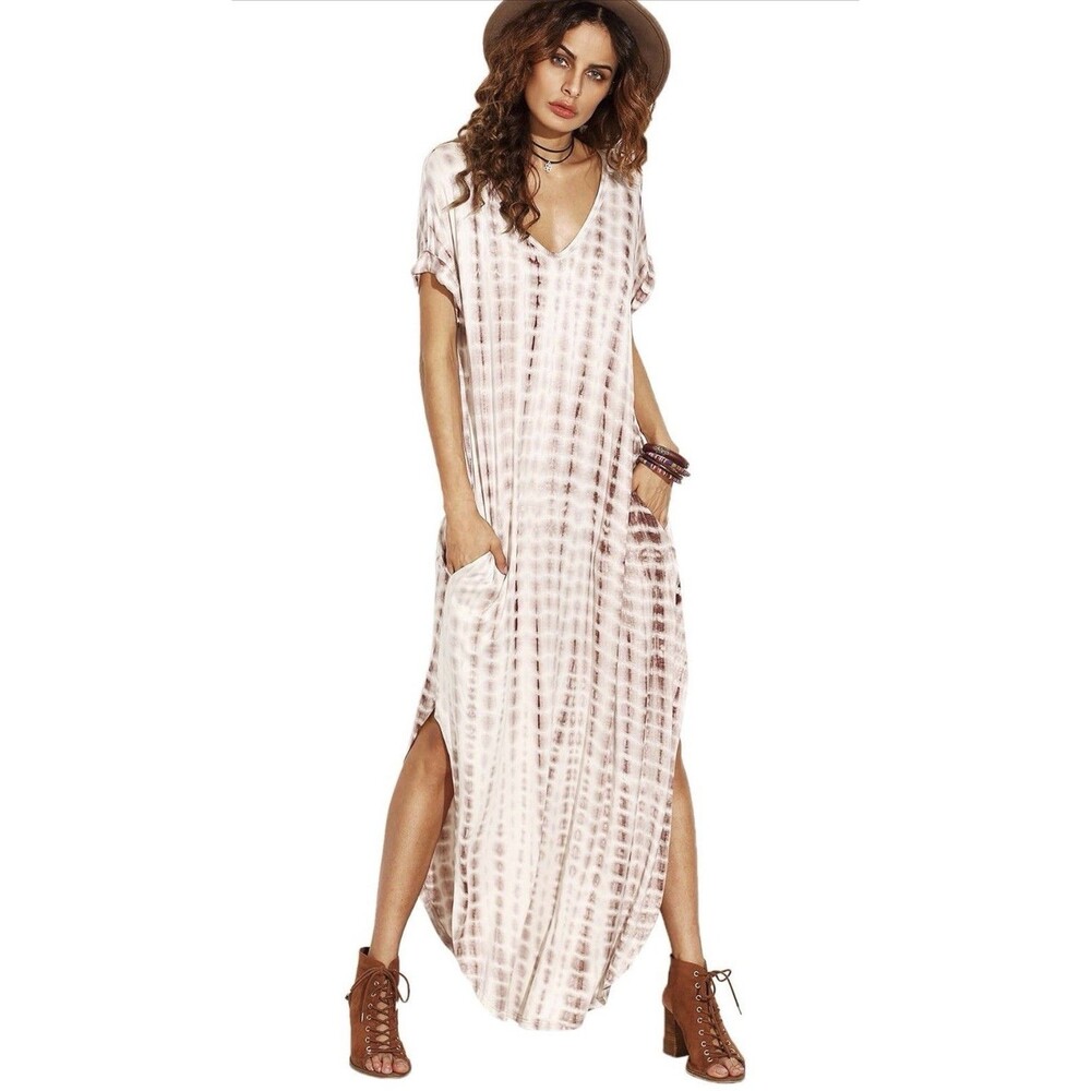 Women’s Tie Dye Cocoon Dress Medium Taupe Brown Rayon Stretch Tunic Midi